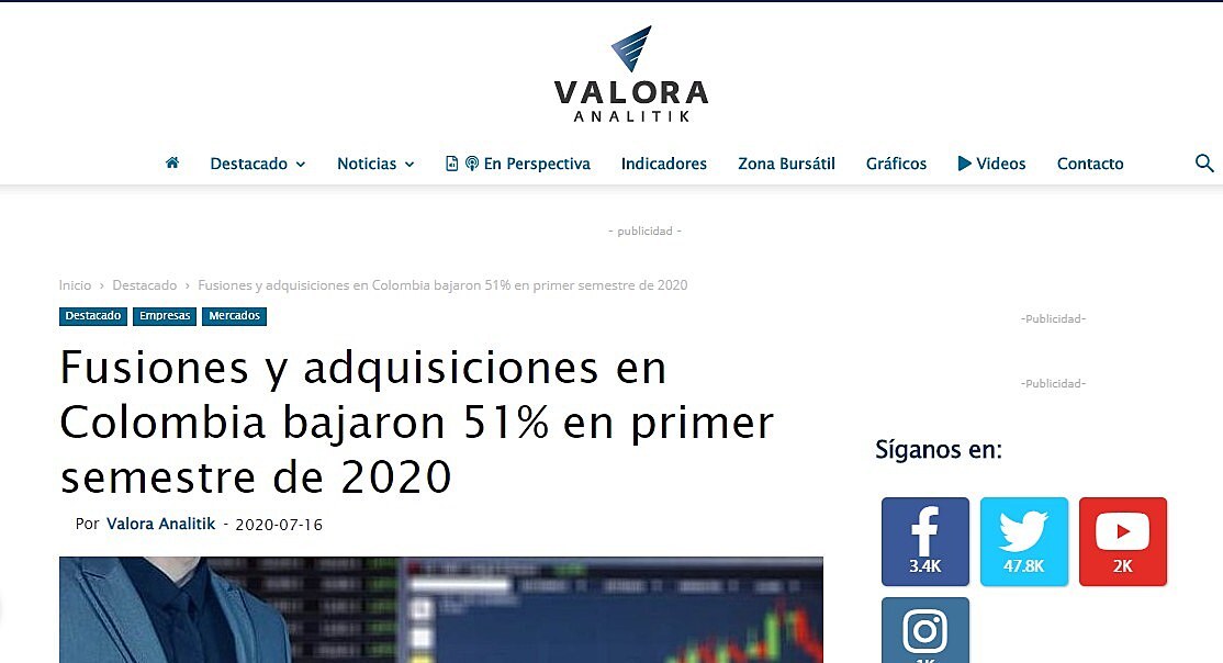 Fusiones y adquisiciones en Colombia bajaron 51% en primer semestre de 2020